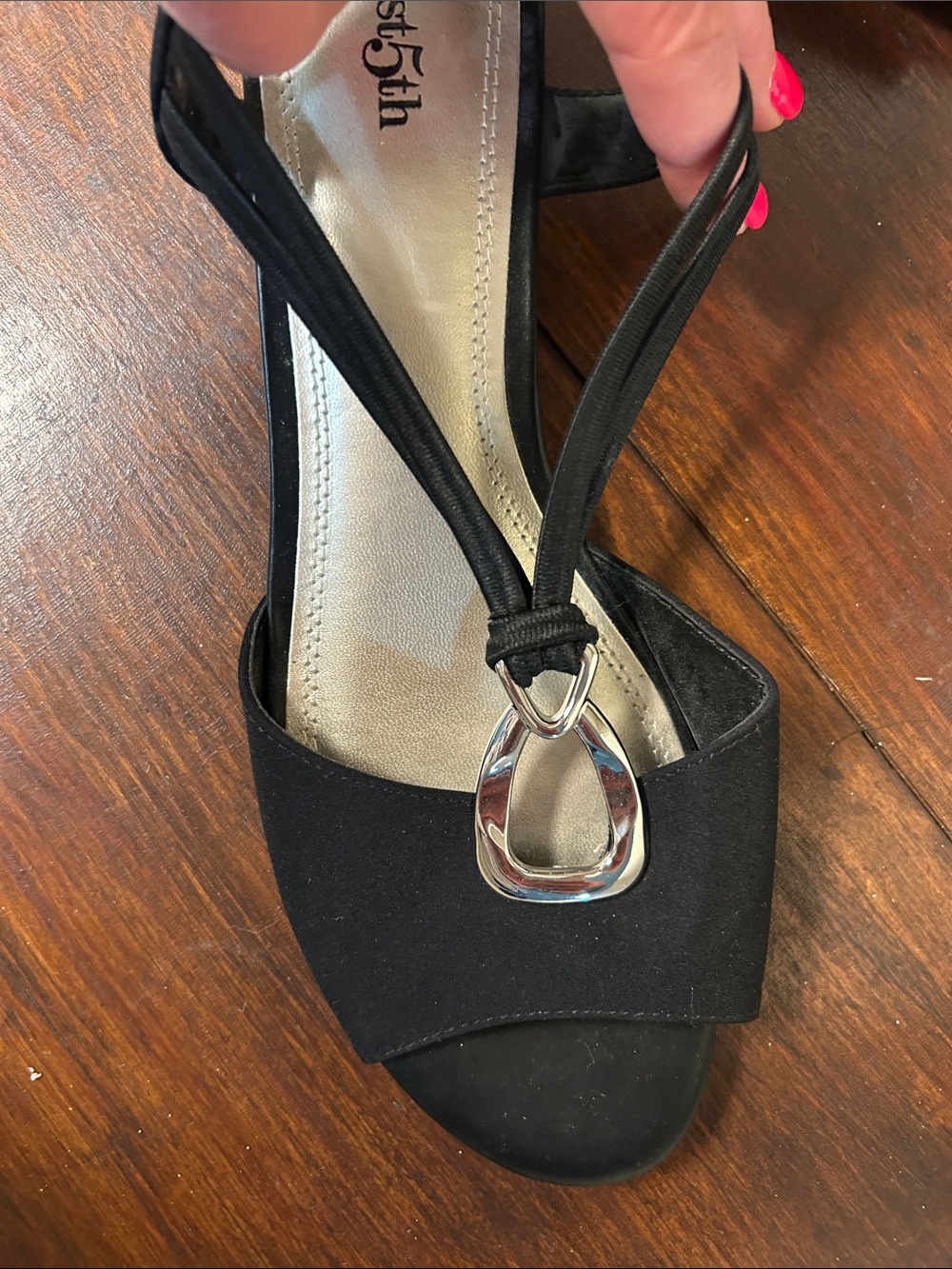 East 5th Black Slingback Heels with Silver Teardrop Detail